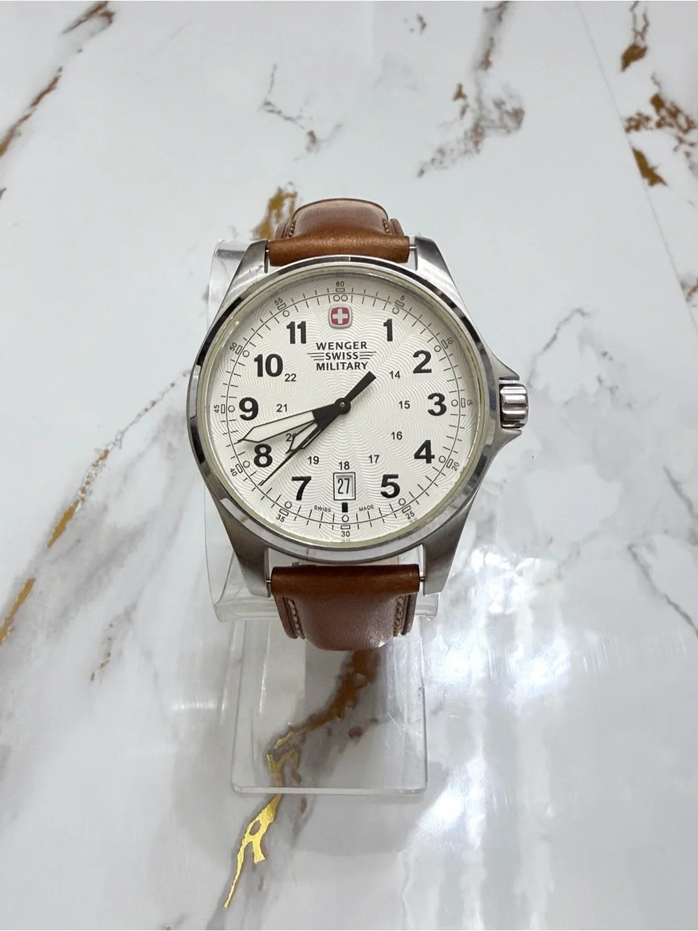 Vintage Wenger Swiss Military Mens Watch 44mm Stainless Steel Brwn Leather Band
